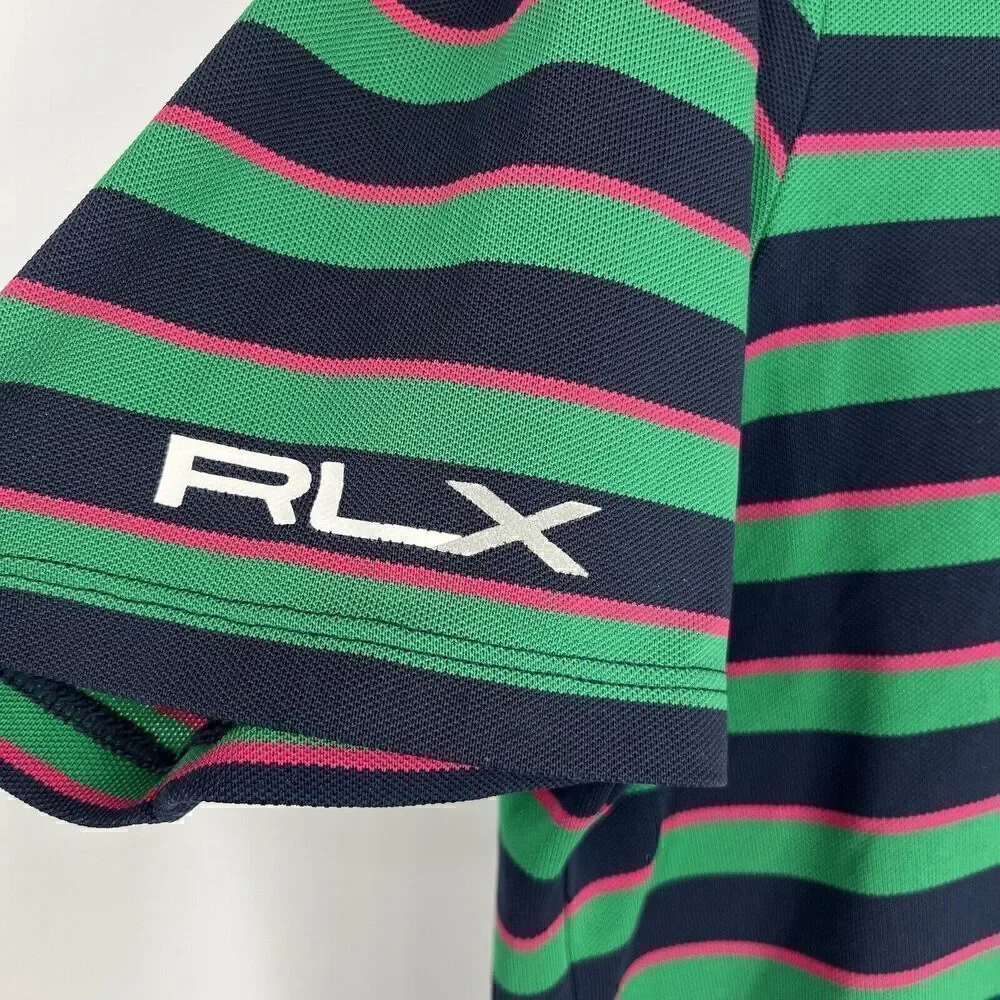 RLX Ralph Lauren Polo Shirt Size Medium Mens Navy Green Pink Golf Striped Wick